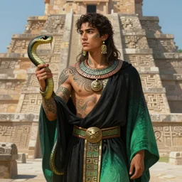 portrait of a beautiful young slim male aztec priest of the snake god, skin covered in ritual tatoos, fluent robes, holding a snake, by greg rutkowski and alphonse mucha, d & d character, gradient black to green, in front of a decorated stone ziggurath, highly detailed portrait, digital painting, artstation, concept art, smooth, sharp focus ilustration, artstation hq
