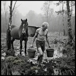 movie still by tarkovsky of an skinny old man carrying a bucket with a horse in a mossy swamp with water, cinestill 8 0 0 t 3 5 mm b & w, heavy grain, high quality, noir, natural textures, photorealistic, ambient occlusion, hd, mud, fog, ultra wide lens, anamorphic