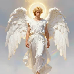 fullbody portrait of a beautiful young fit male angel with curly blond hairs, dressed with fluent clothes, majestic symmetrical white wings, luminous halo, by greg rutkowski and alphonse mucha, gradient white to gold, in front of an iridescent background, highly detailed portrait, digital painting, artstation, concept art, smooth, sharp focus illustration