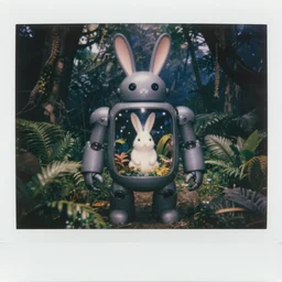 dark night oversized battle rabbit robot chubby fatmech jar with big ears with rabbit sitting inside, in jungle forest, full body, nighttime, cinematic focus, polaroid photo, vintage, neutral dull colors, soft lights, foggy, overcast by oleg oprisco, by thomas peschak, by discovery channel, by victor enrich, by gregory crewdson