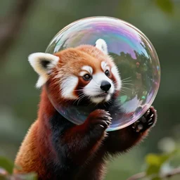 a red panda as a soap bubble, red panda is a soap bubble, morphed into a soap bubble, digital art, realistic, octane render, professional, high quality, dof, bokeh, action