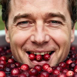 closeup portrait of happy bryan cranston mouth filled with cranberies, submerged in cranberries, food photography, natural light, sharp, detailed face, magazine, press, photo, steve mccurry, david lazar, canon, nikon, focus