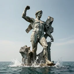 a giant abstract sculpture of a legendary greek warrior god on the water, in the style of jaume plensa, award winning, cinematic, hyper - realistic, very detailed, realistic water splashes, ray tracing, 8 k resolution, long - shot, sharp focus, low angle, 8 5 mm photograph, wide lens