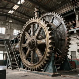 a giant machine, cogs and belts and steam, inside an old warehouse, with stairs and rafters and balconies around the machine.