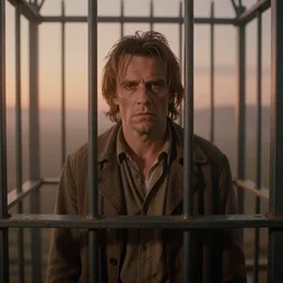 medium shot portrait of hannibal lecter locked up in a cell, faded color film, russian cinema, mario testino, tarkovsky, technicolor, shallow depth of field, long brown hair, old clothing, heavy fog, brown color palette, sunset, low light, hudson river school, 4 k, dramatic lighting, concept art