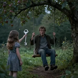 a man is sitting in a garden swing by apple tree. a girl holds a very large silver key. folk horror. eerie. fine detail. realistic. fireflies.