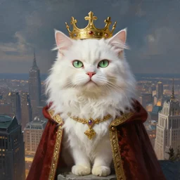 a fantasy portrait painting of an anthropomorphic! white persian!!!!! cat dressed, light green eyes slightly closed, as a renaissance king with crown! in head, standing on a skyscraper overlooking a vast city, centered, cinematic, beautiful lighting, dramatic