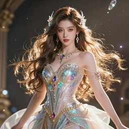 a beautiful female god character, character is in all its glory, character is centered on the image, rim lights, highly detailed professional photo, dynamic lights, particles and crystals are flying, very deep depth of field, trending on artstation, illustration, hyper realistic, super detailed, colorful accents
