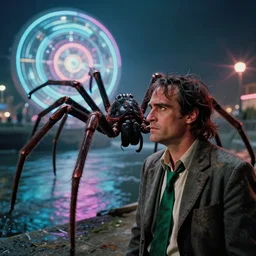 the huge spider looking at unkempt drunkard ( ( ( ( ( ( joaquin phoenix ) ) ) ) ) ) with sideburns worn in old grey jacket with emerald tie, river on the background, movie with cinematography of christopher doyle, neon light, discoball, anamorphic, optical flares, award - winning photo, kodak film, masterpiece, 8 k