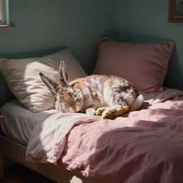 photograph of a bunny sleeping on a big comfy bed by wes anderson