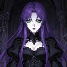 full portrait of beautiful necromancer woman in the darkness, face details, black ornamental dress, corset, purple straight hair, pale skin, green eyes, high fantasy, highly detailed, anime illustration, by kurone mishima, light novel cover art