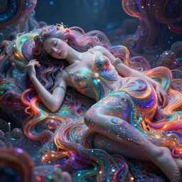photorealistic goddess sleeping in a 4 d dmt world. hyperdetailed photorealism, 1 0 8 megapixels, amazing depth, high resolution, 3 d shading, 3 d finalrender, 3 d cinematic lighting, glowing rich colors, psychedelic overtones, artstation concept art.
