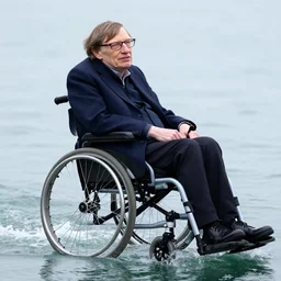 stephen hawking wheelchair going across water like a jet ski, realistic, detailed
