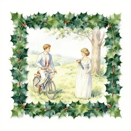 realistic watercolor painting of a rectangular frame made of holly, detailed art by kay nielsen and walter crane, illustration style, watercolor