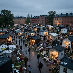 photo zombie street scene of a huge hastily built zombie shanty town in skanstull, stockholm sweden. cables, furniture, electronics, ikea, tiny housing, cosy, many small lights, small spaces, stacked shacks, clean, tidy, crowded, dramatic lighting, dusk, after the rain, hordes of the zombies everywhere.