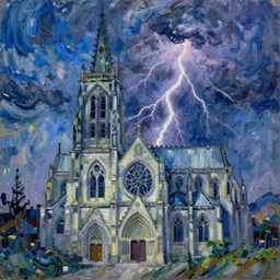 atmospheric detailed expressionist oil painting of lightning storm over a tall gothic church, landscape painting, expressionism, blues, dramatic lighting, 8 k resolution detailed art, small brushstrokes, watercolor palette, painted by vincent van gogh