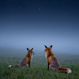 A fox sitting stop a grassy hill watching the shooting stars pierce the midnight fog