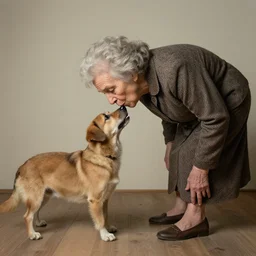 a surrealist image of an old woman swallowing a whole dog