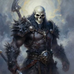 barbarian overlord with skull mask, dark colors, acrilic paint, brush paint, heavenly atmosphere, paint, ultra detailed, beautiful image, resolution, artstation