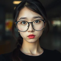 a portrait photograph of a nerdy young woman from seoul with big glasses and a black dress, dof, sharp focus, highly detailed face, symmetric face, realistic iris, cinestill 8 0 0 t, photography by paolo roversi
