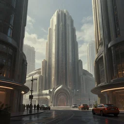 A sci-fi digital concept art painting of a street-level view of an art deco city, by greg rutkowski, trending on artstation, highly detailed, matte painting