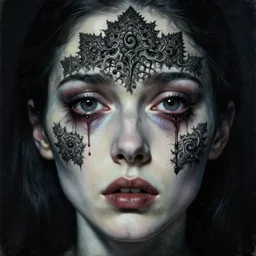 dramatic portrait painting of woman with large crying eyes with black mandelbrot fractal instead of face, in style of zdzisław beksinski, horror, body horror, dark, disturbing,