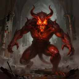 a matte painting character portrait of a humanoid demonic monster with glowing fire eyes and a skull face with a glowing mouth doing a henshin pose, dramatic lighting, digital painting, concept art, muted colors, red colors, mist floats in the air, moody colors, rusted walls, broken pipes, church cathedral, in the style of frank frazetta