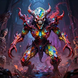 realistic detailed image of ultra wrathful rainbow diamond nightmare scientist mega god of chaos, depth perception, depth of field, action horror by lisa frank, ayami, karol bak, neo - gothic, gothic, rich deep colors, part by adrian ghenie and gerhard richter. art by yoshitaka amano. masterpiece
