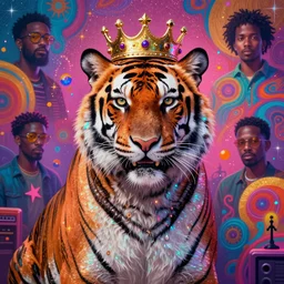 a humanoid king tiger with a crown, atmospheric beautiful by stanley artgerm, tom bagshaw, arthur adams, carne griffiths, trending on deviant art, street art, chillwave, maximalist, full of color, glittering, 8 k, hd