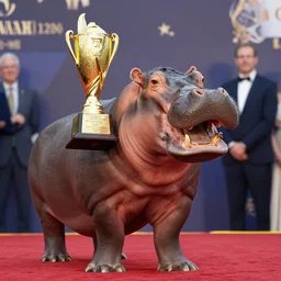 a hippopotamus winning the golden trophy at a polo awards ceremony. photograph.
