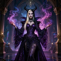 highly detailed beautiful portrait, mix of woman in her 2 0 s with blonde straight black hair, heavy dark makeup, tall, evil powerful wizard mage, intricate colorful cosmic smoke magic, baroque gothic victorian interior cyberpunk city vista, artstation, tyle of artgerm, andreas rocha, hiroshi nagai