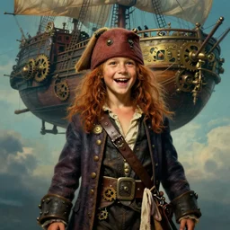 realist portrait painting of a 3 5 years old rugged joyful male pirate long long hair soft hair crimson hair simplistic clothes long coat upper body elegant muscular rugged handsome steampunk wood brass gears ornate mechanical zeppelin airship in upper background zeppelin in background sky fantasy rugged character art cinematic lighting art by mucha rutkowski artgerm