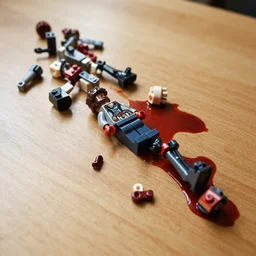 parts of dismembered lego minifigure scattered along table, blood, guts