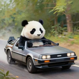an intricate painting of a panda driving a DeLorean