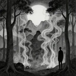 digital matte painting of a magical land of nowhere, trees and mountains, transparent smoke from hell, notan sun in the background, abstract, surreal art, painted by beksinski and android jones