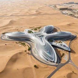 parametric structure, medical complex, in the desert beside the gulf, view from above, design by oma, dezeen, architectural photography