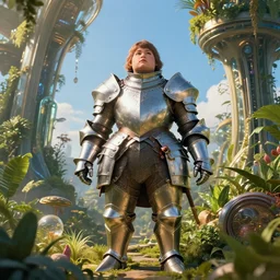 a very short and chubby broad round-bodied female knight in a hi-tech botanical world with blue skies | style of donato giancola, vincent callebaut, dramatic light | high detail | cinematic lighting | pristine metals, glass, plants | solarpunk | golden hour | volumetric lighting | concept art |