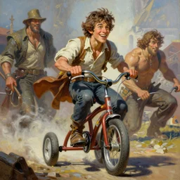 A beautiful oil cartoony painting of a happy Remi Malek riding a tricycle by Lucas Graciano, Frank Frazetta, Greg Rutkowski, Boris Vallejo, epic fantasy character art, high fantasy, Exquisite detail, post-processing, low angle, masterpiece, cinematic