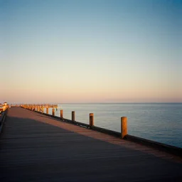 godrays casted on the pier, film photo, soft lighting album cover, nostalgia, gradient