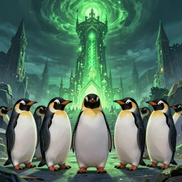 super secret penguin club in front of a glowing green necromancers tower, minas morgul, eternal necropolis