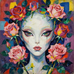 white alien female, cat eyes, botanical, rose, portrait face, colorful, kupka, intricate, miles johnston, kuroda seiki, ozabu, godward, painterly, yoshitaka amano, moebius, miles johnston, louise zhang, james jean, mark ryden lowbrow pop surrealism art style