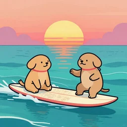 Surfing Animals Loving Music, synth vaporwave sunset, turquoise ocean