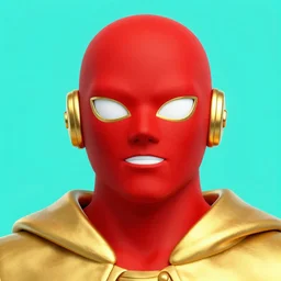 portrait of a hero wearing a red mask covering his entire head, only his totally white eyes and mouth are visible, cyan background, golden cape, golden ear buds, golden eye rims, artstation, digital art, opengl
