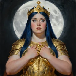 painting of junoesque plus size priestess of the moon, golden filigree armor and tiara, gold jeweled rings on fingers, moon above head, dark blue straight hair, smooth translucent skin, wide striking eyes, beautiful! coherent! by brom, by brian froud, strong line, high contrast, muted color, 4 k, trending on artstation