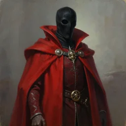 painting of a wicked faceless cool baron in a red cloak, fantasy, artstation, cgsociety, ultra high detail, stylized, medium shot