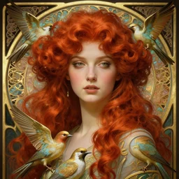 art nouveau, belle epoque, beautiful red haired woman with birds, pretty face, long curly hair, romanticism, scifi, volumetric lights, intricate, intense detail, digital painting, artstation, concept art, soft shading, cinematic, hyperealistic, illustration, 3 d 4 k