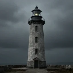 lighthouse, made of stone and concrete, brutalism style, dark and misty, full shot, full height, ultra HD 8K octane render