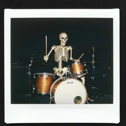 skeleton drummer, wild, flash polaroid photo by george hurrell,