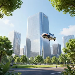 modern city with trees and flying vehicles
