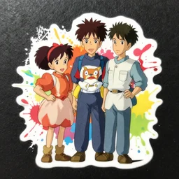 die cut sticker, ghibli characters, splatter paint